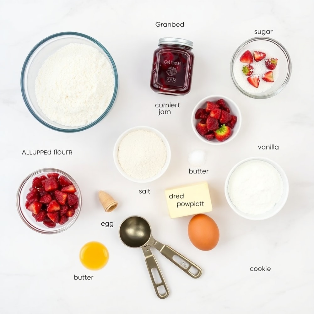 Ingredients for strawberry crunch cookies on a marble surface