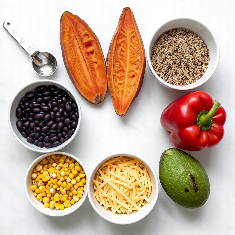 Raw ingredients for Crispy Sweet Potato Boats including sweet potatoes, quinoa, black beans, corn, and bell peppers