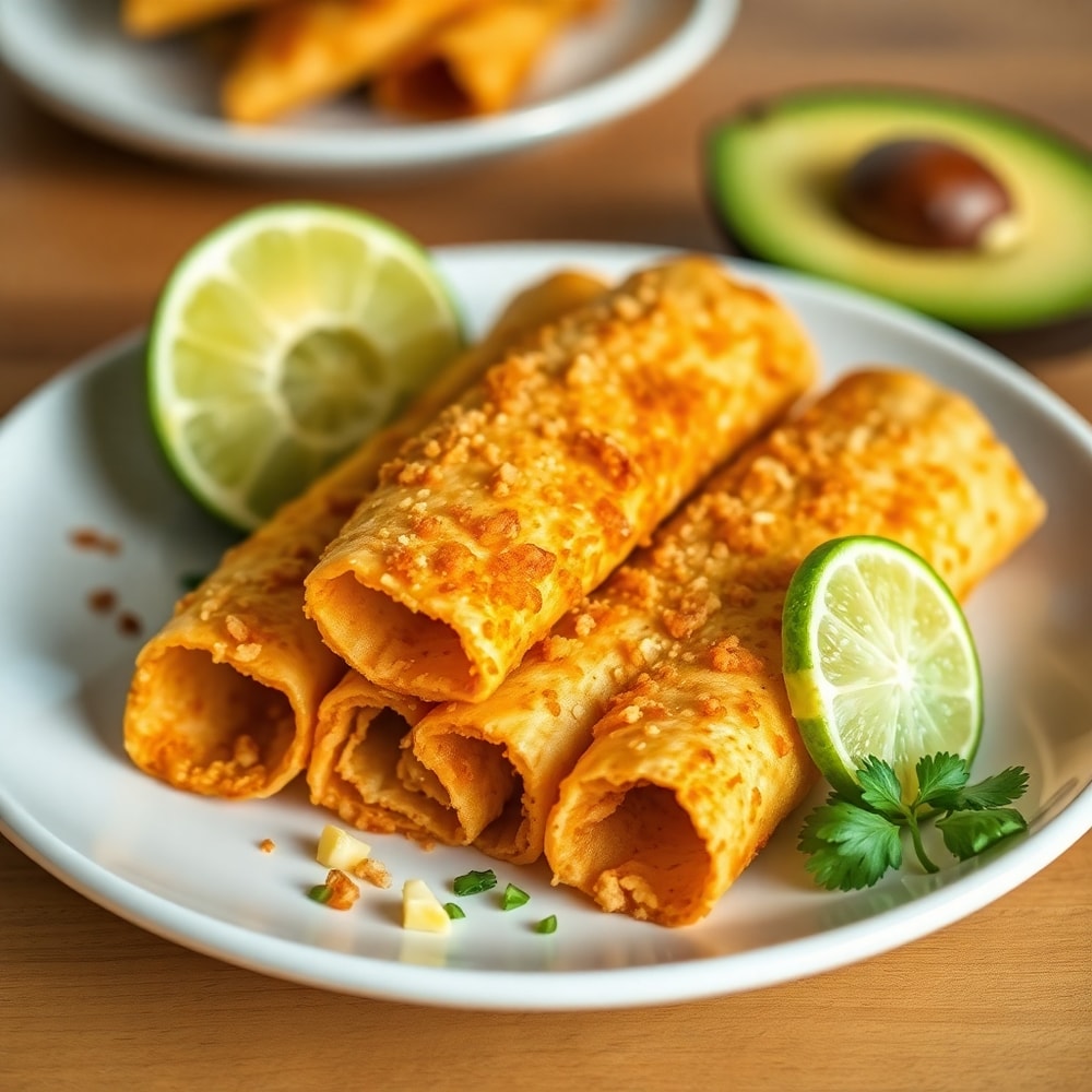 Plated Vegan Taquitos with avocado and lime