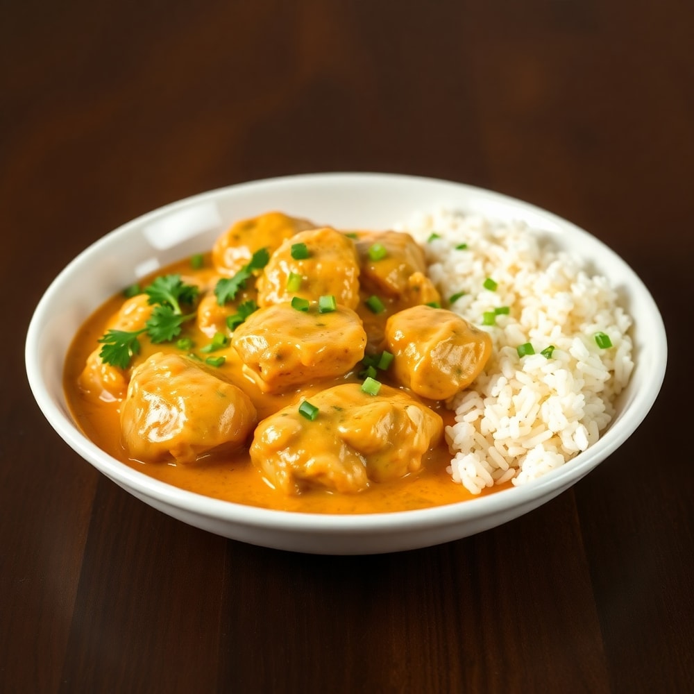 Plated serving of Crockpot Cajun Butter Chicken with a side of rice