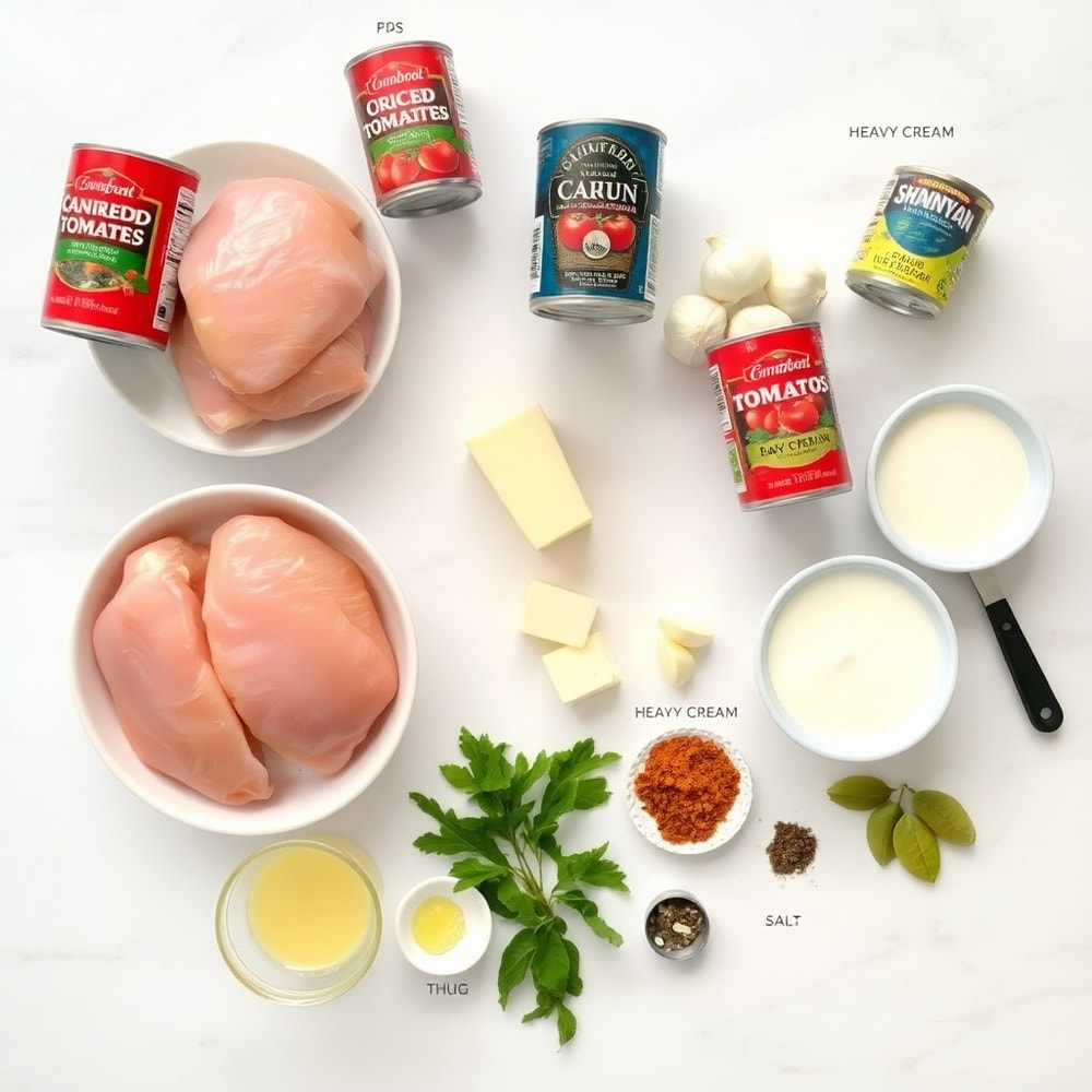 Raw ingredients for Crockpot Cajun Butter Chicken arranged in a flat lay