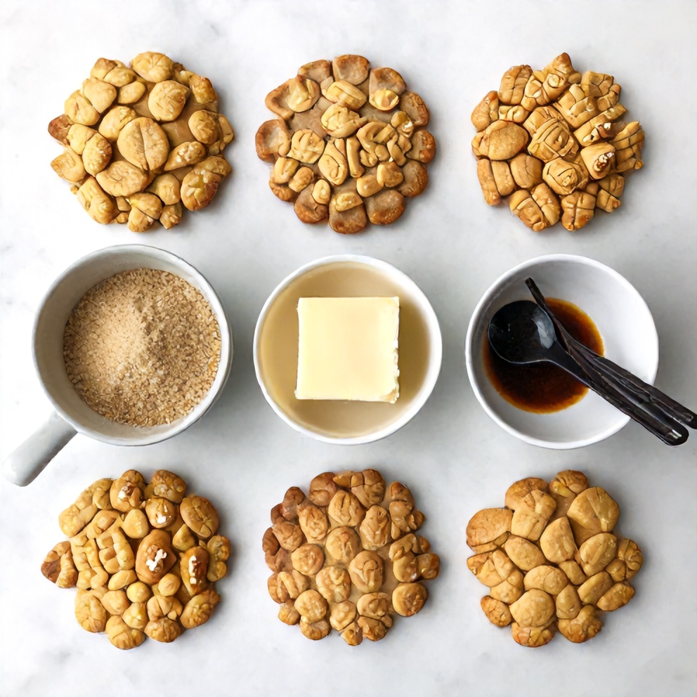 Raw ingredients for cornflake toffee cookies on a white marble surface