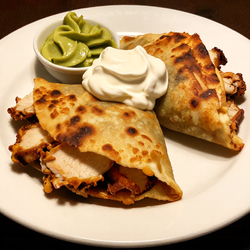 Plated baked chicken chimichanga with sour cream and guacamole