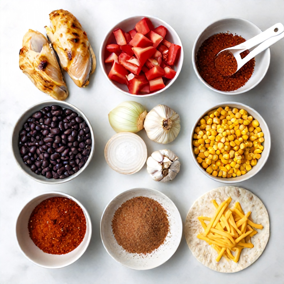 Raw ingredients for baked chicken chimichangas on a marble counter