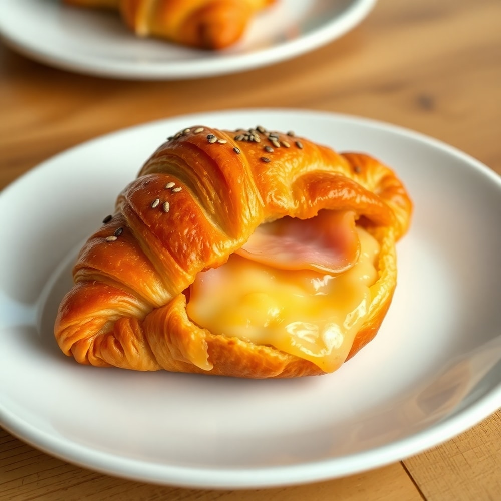 Plated baked ham and cheese croissant on a white plate