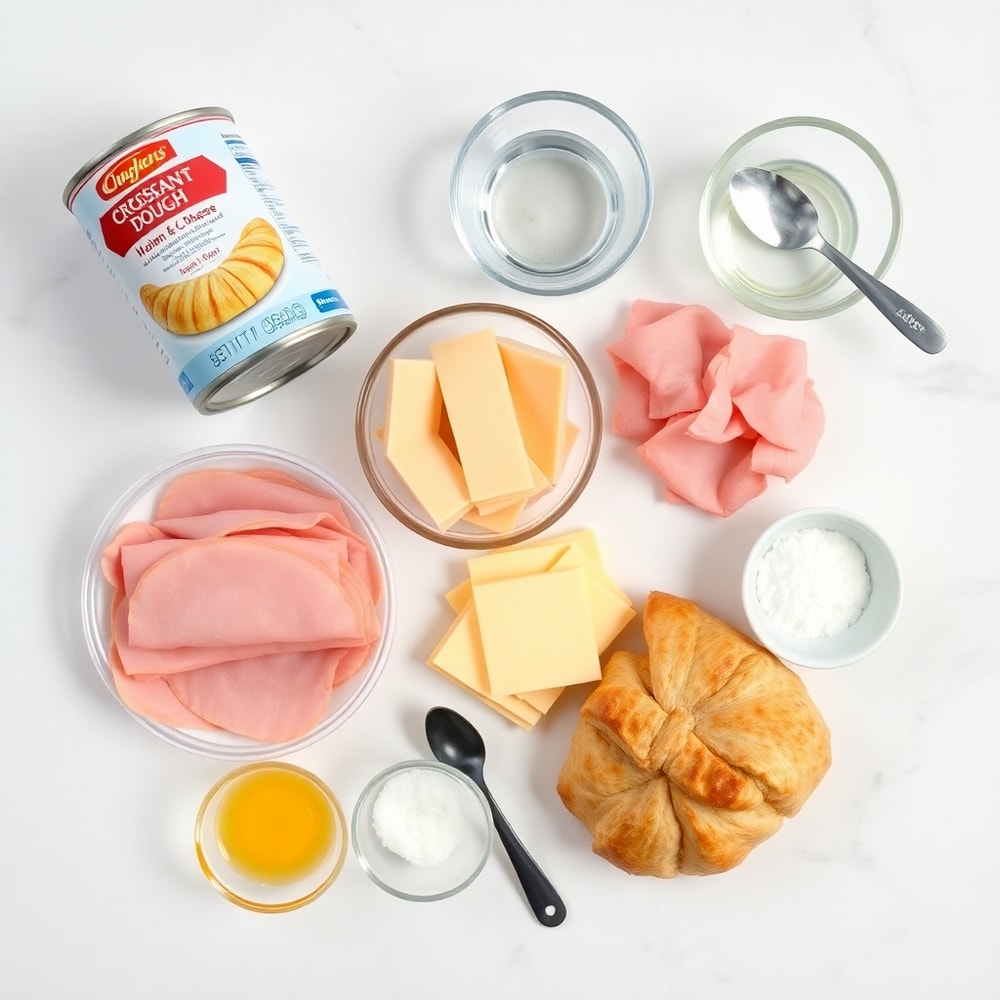 Ham, cheese, croissant dough, and other ingredients laid out on a marble surface