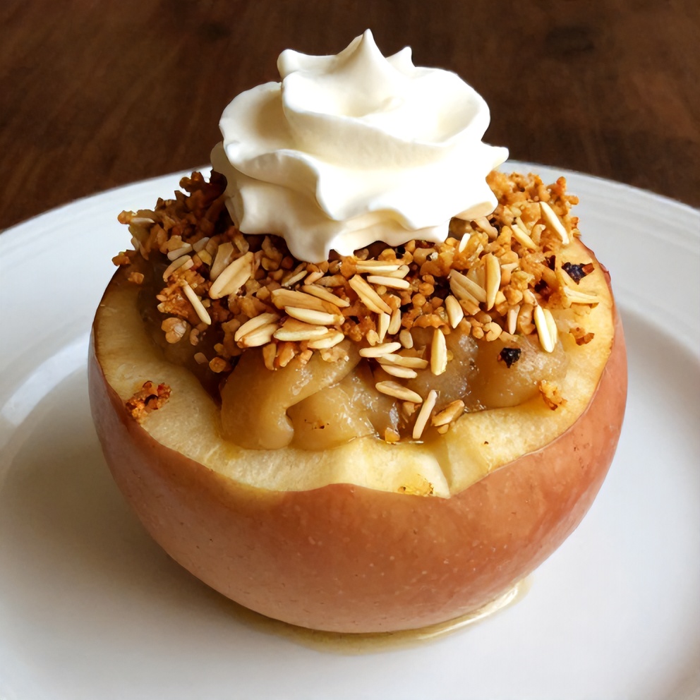 Plated Baked Stuffed Apples with whipped cream