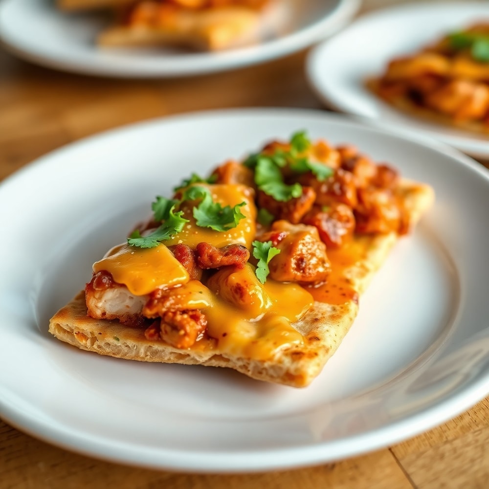 BBQ Chicken Flatbread on a plate with a side salad