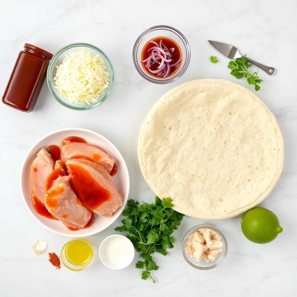 BBQ Chicken Flatbread ingredients on a marble counter