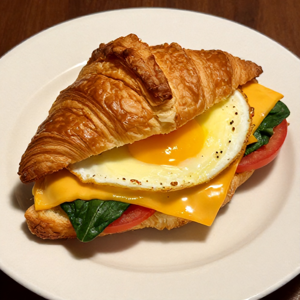 Plated Breakfast Croissant Sandwich with Eggs and Cheese