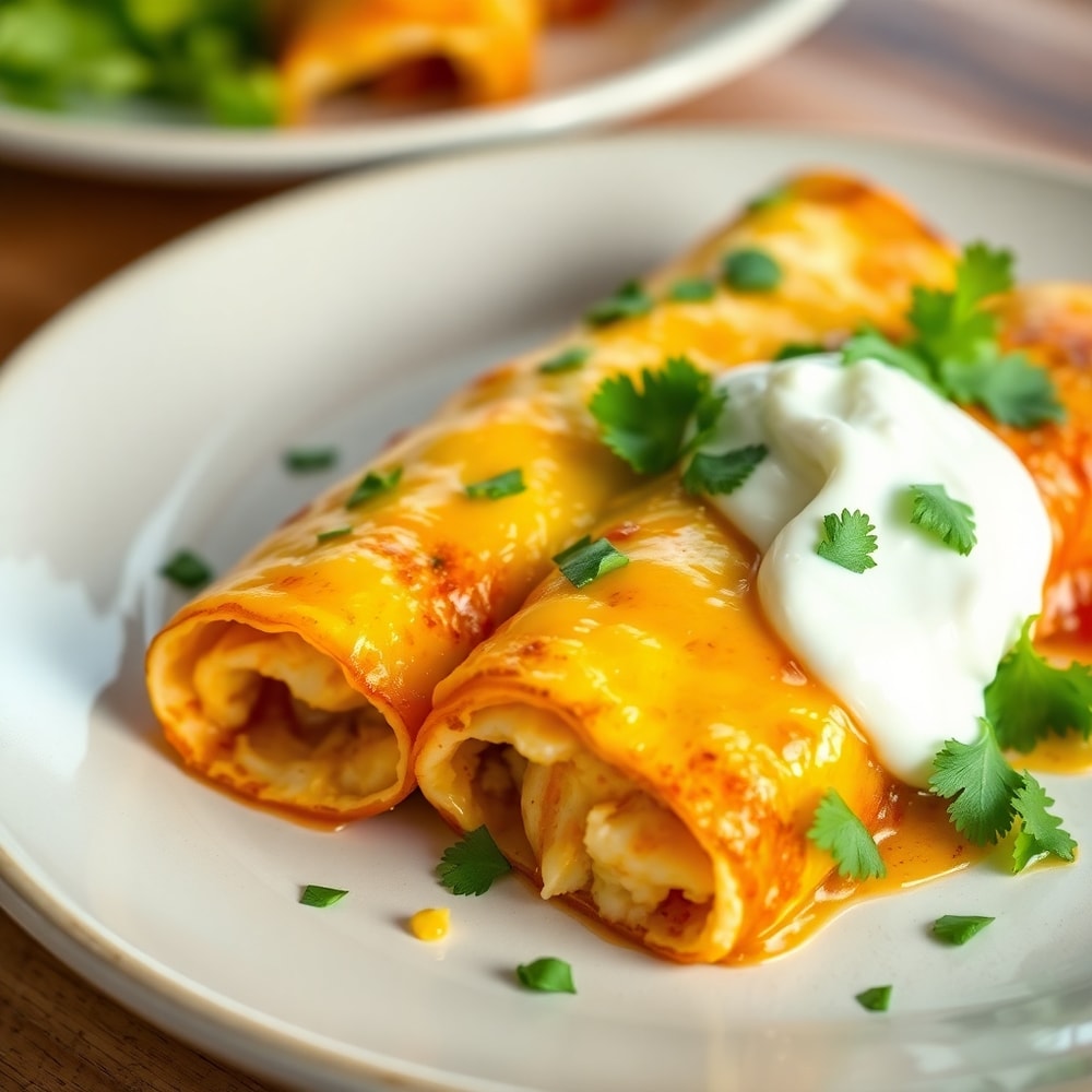 Plated Easy Breakfast Enchiladas with fresh cilantro and sour cream