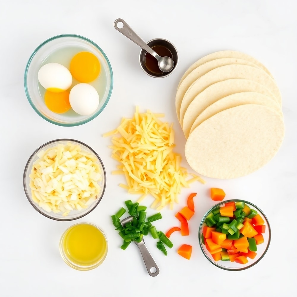 Raw ingredients for Easy Breakfast Enchiladas including eggs, tortillas, and cheese