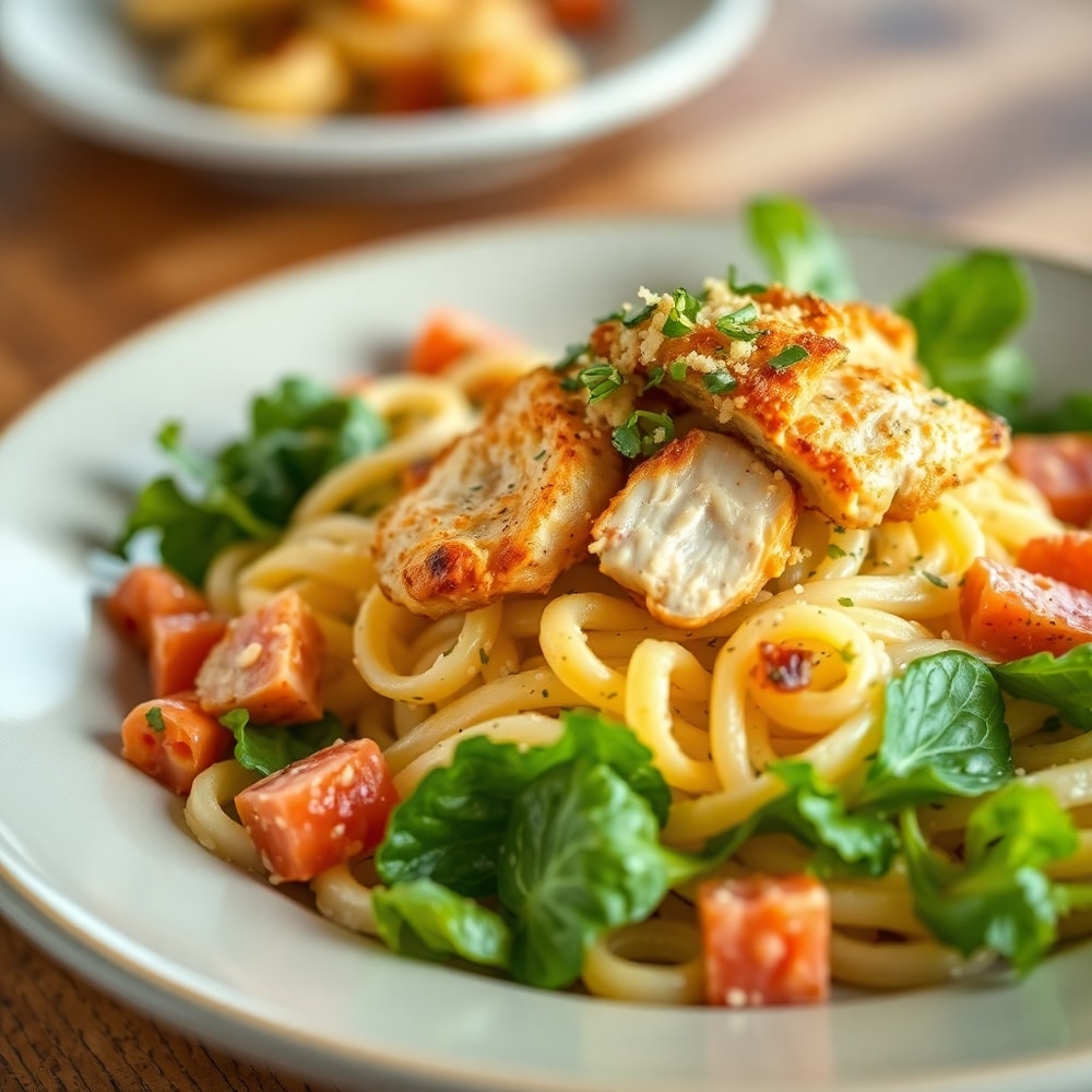 Chicken Caesar Pasta Salad plated with crispy chicken on top