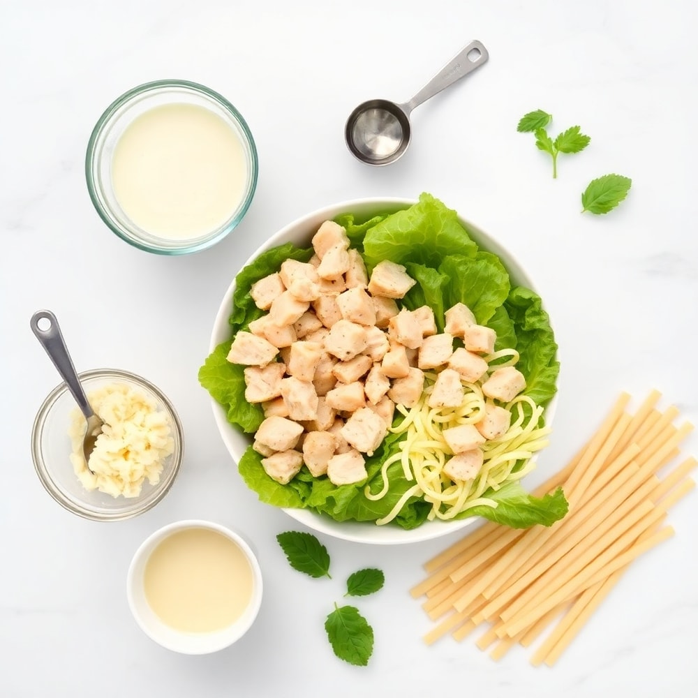 Chicken Caesar Pasta Salad ingredients - cooked chicken, romaine lettuce, parmesan cheese, Caesar dressing, and pasta