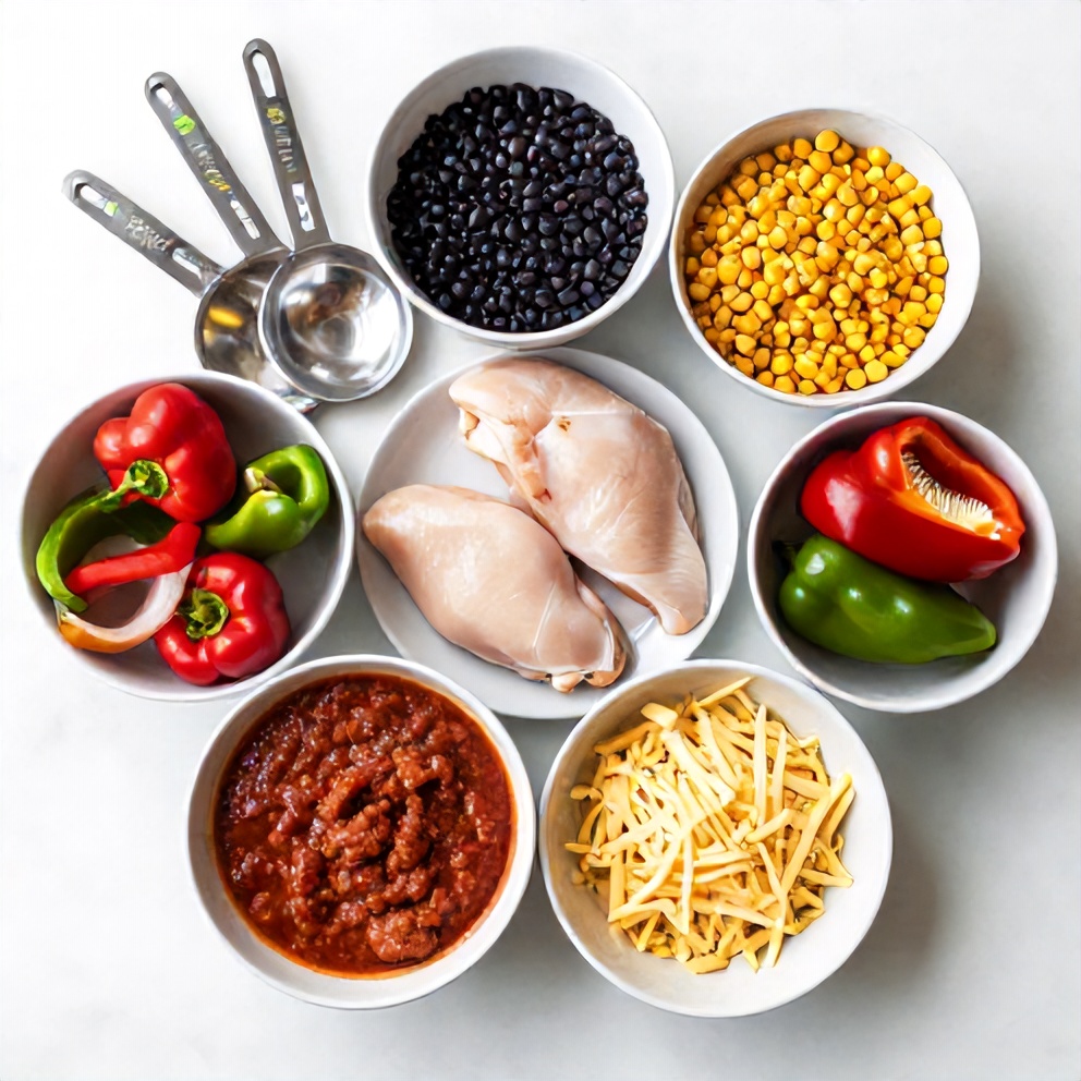 Raw ingredients for chicken enchilada bowls