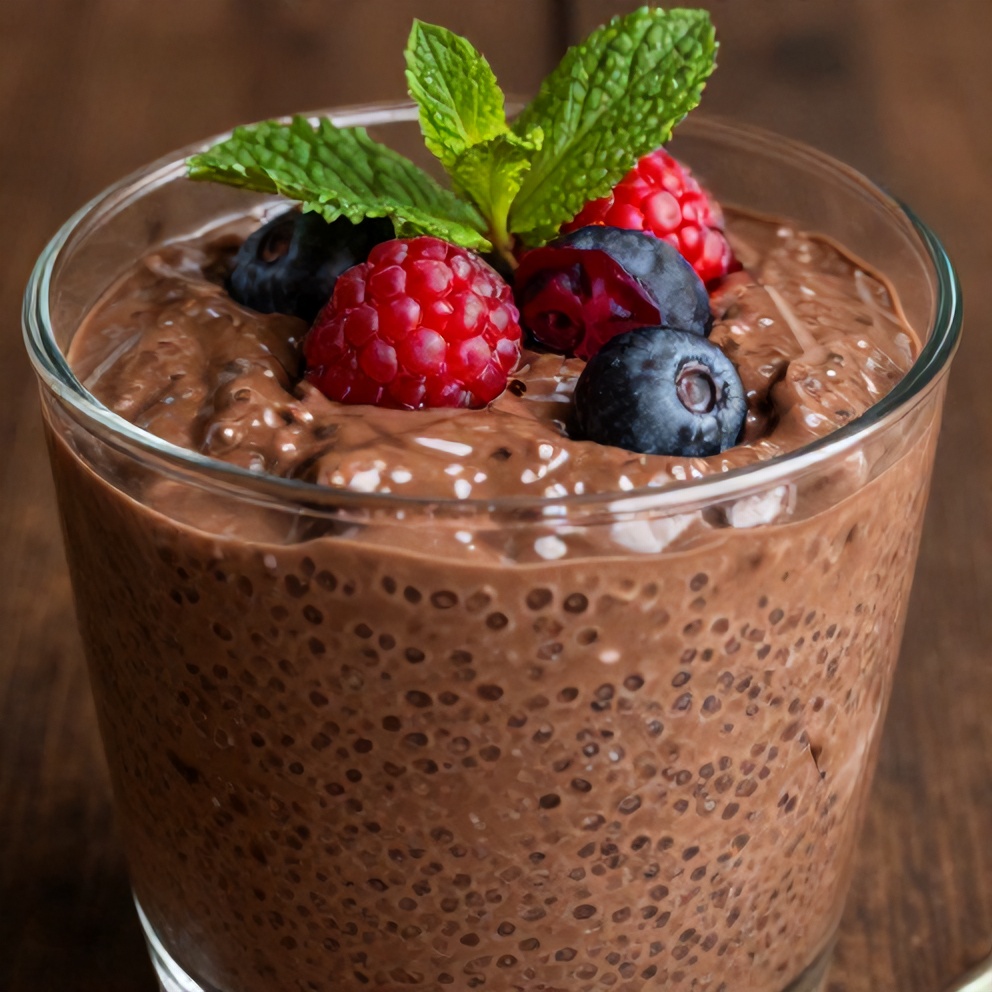 Chocolate chia pudding topped with fresh berries and a mint leaf