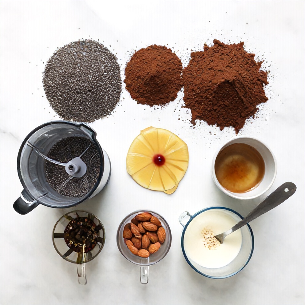 Chia seeds, cocoa powder, maple syrup, almond milk, and vanilla extract on a wooden surface
