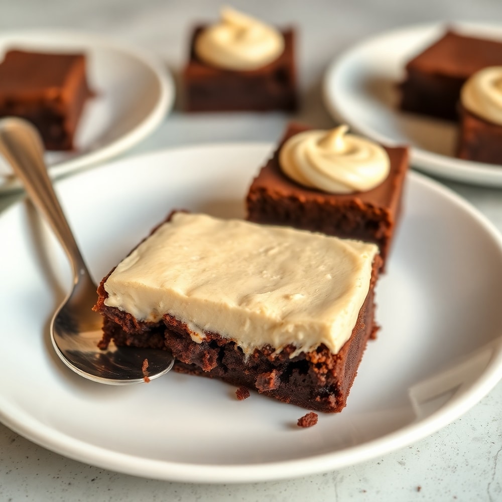 Chocolate Mousse Brownies on a plate with a spoon