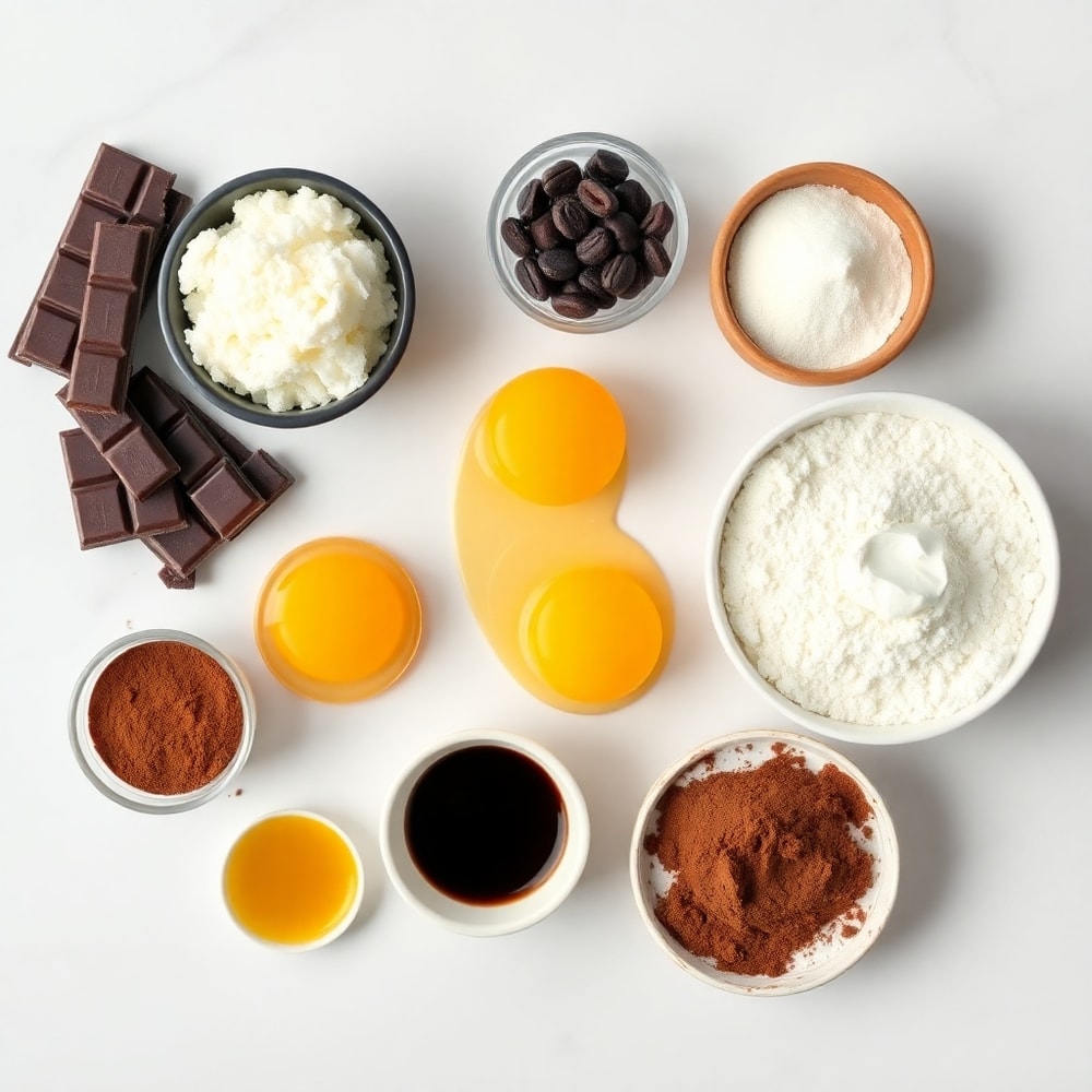 Raw ingredients for Chocolate Mousse Brownies including chocolate, butter, eggs, and flour