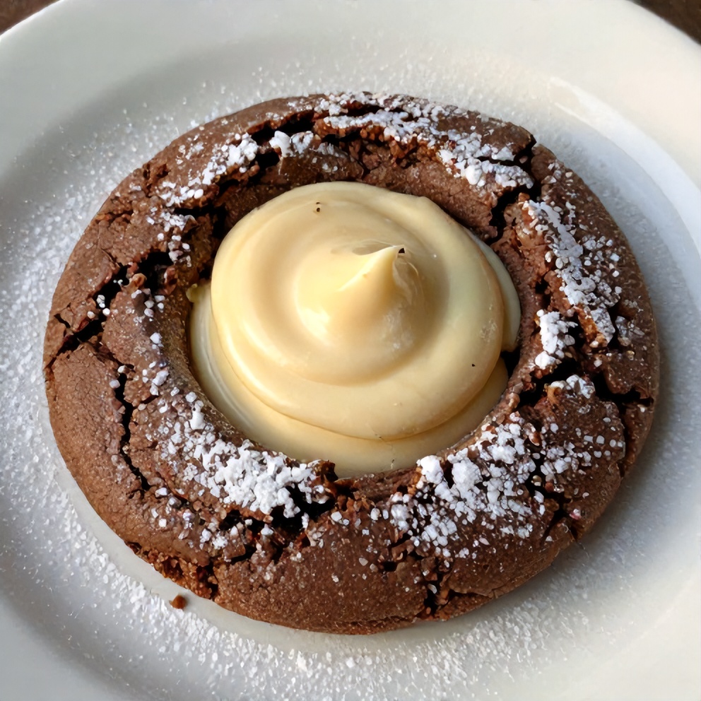 Chocolate Thumbprints with Irish Cream Ganache on a white plate