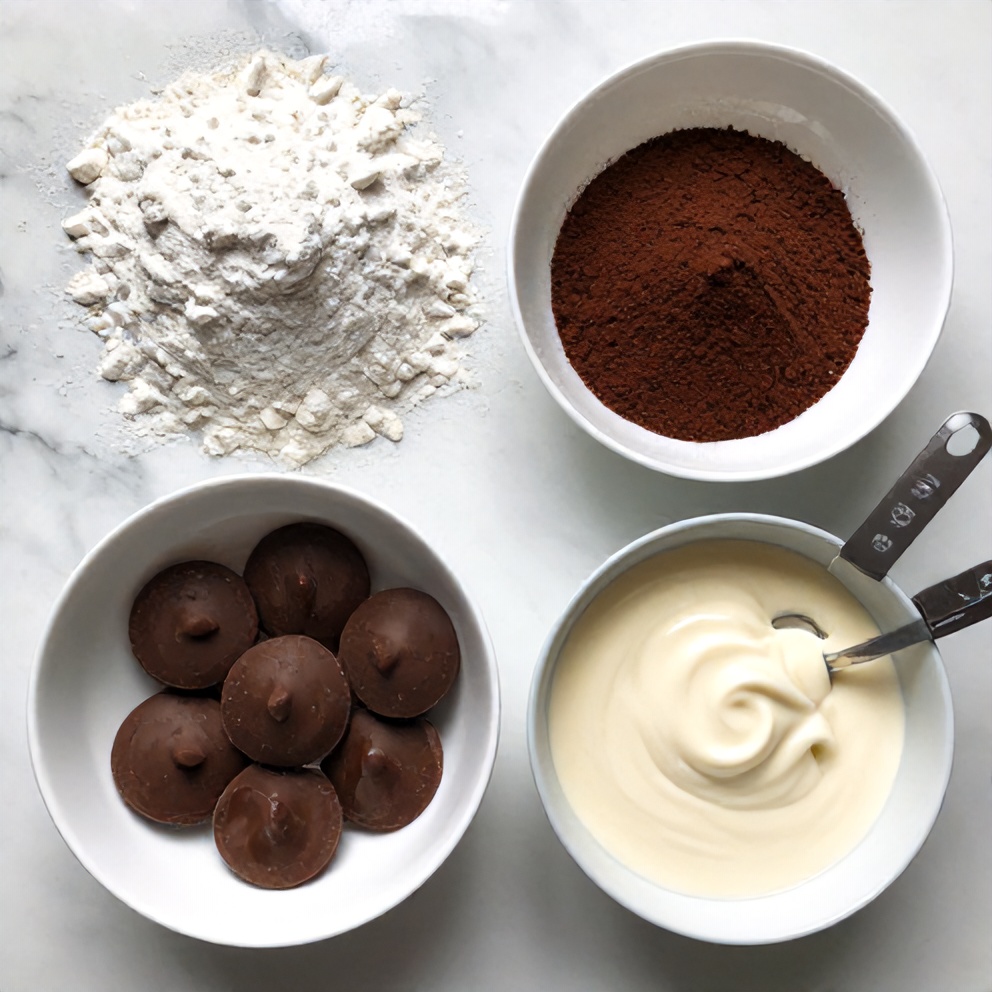 Chocolate Thumbprints ingredients including flour, sugar, cocoa powder, and Irish cream liqueur