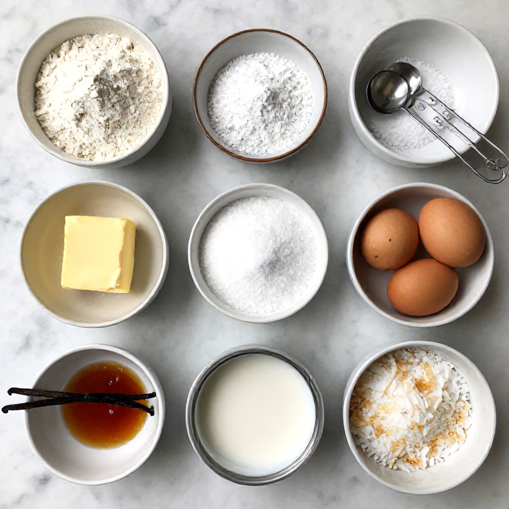 Raw ingredients for Easy Coconut Milk Snack Cake on a marble surface