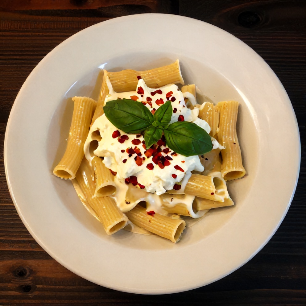 Plated cottage cheese rigatoni with fresh basil on a white plate