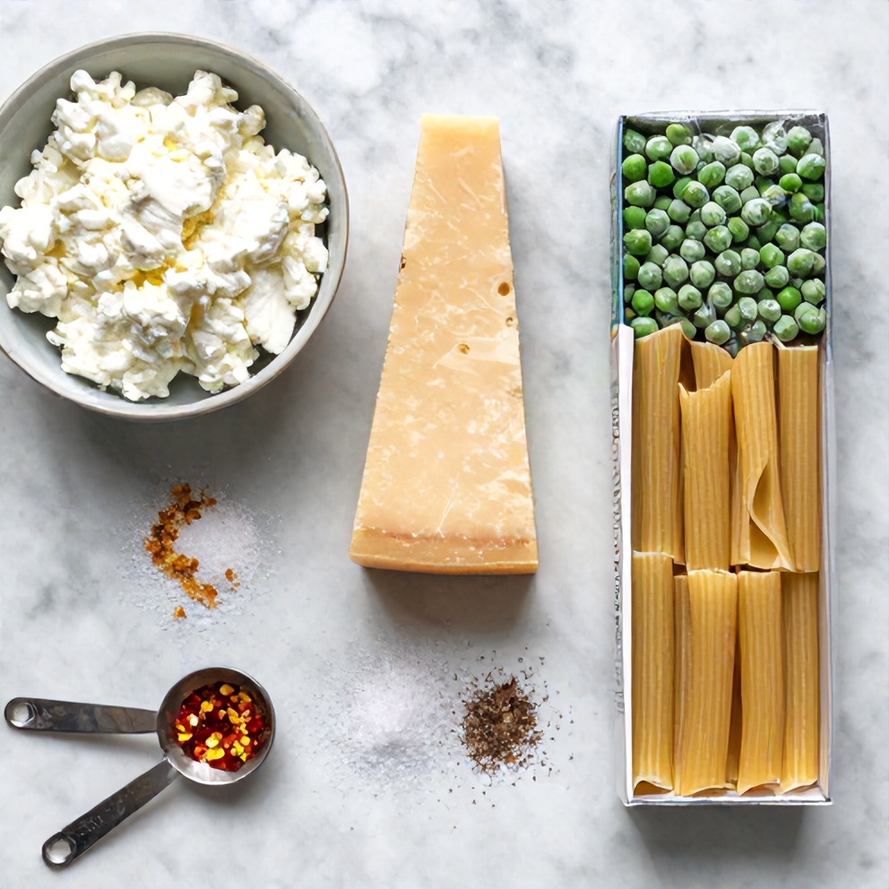 Raw ingredients for cottage cheese rigatoni on a marble surface