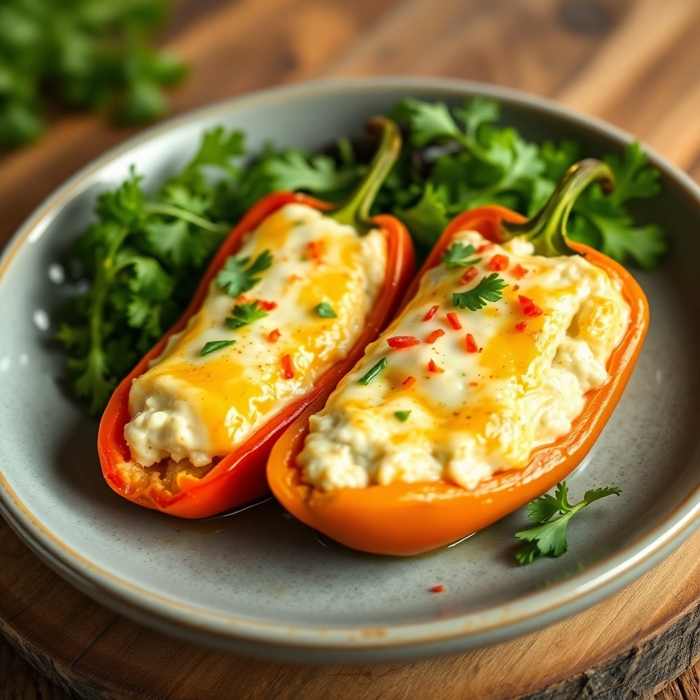 Plated serving of creamy cottage cheese stuffed peppers with a side of mixed greens