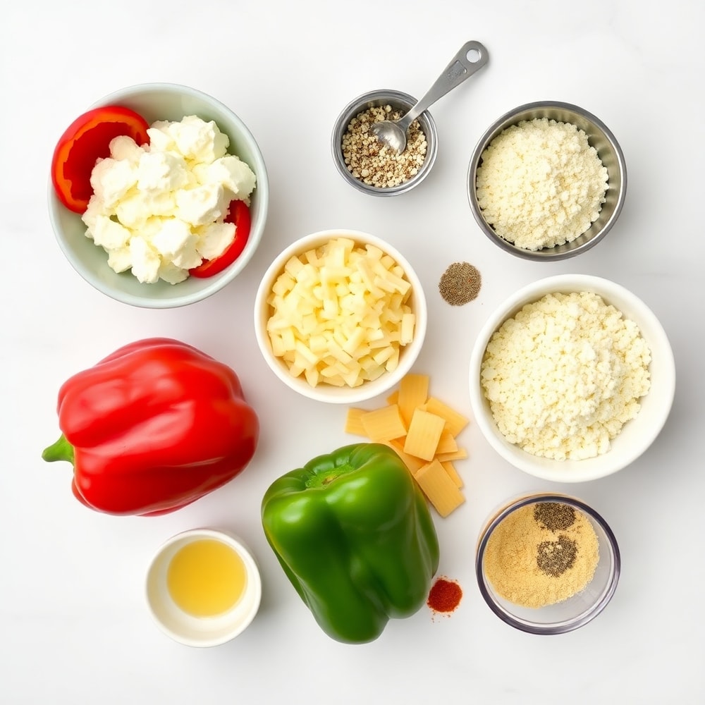 Raw ingredients for cottage cheese stuffed peppers: bell peppers, cottage cheese, breadcrumbs, garlic, onion, etc.