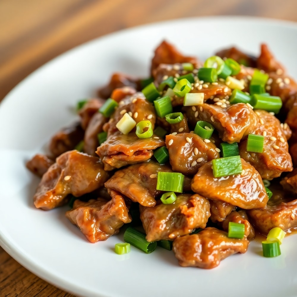 Plated beef stir fry with garnish