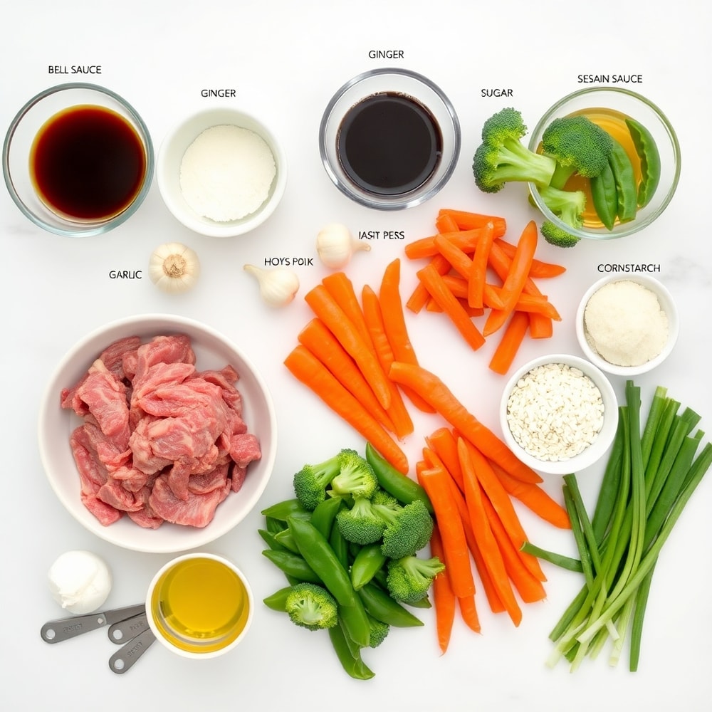 Raw ingredients for beef stir fry