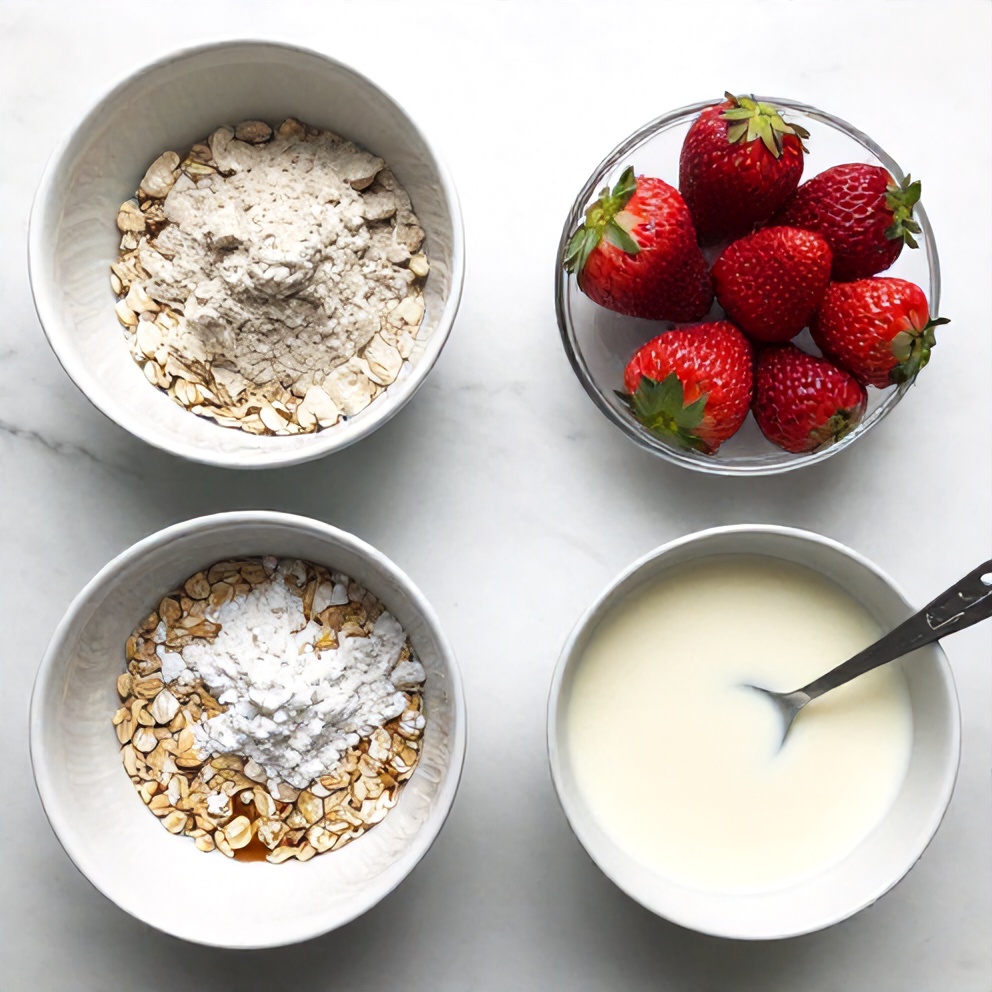 Raw ingredients for strawberry protein mug cake including protein powder, oats, fresh strawberries, and baking powder