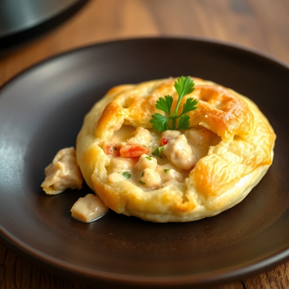 Crockpot Chicken Pot Pie served in a bowl with a side of mixed greens