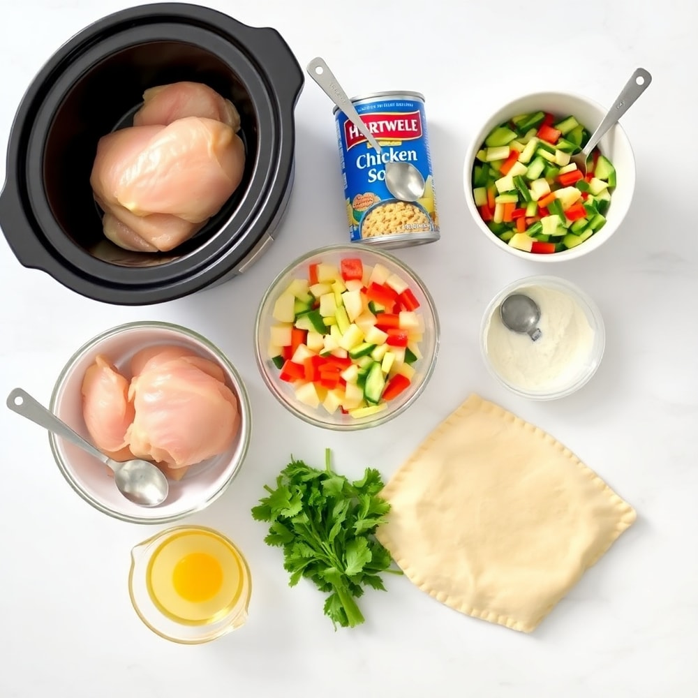 Crockpot Chicken Pot Pie ingredients: chicken, veggies, cream of chicken soup, frozen mixed veggies, puff pastry
