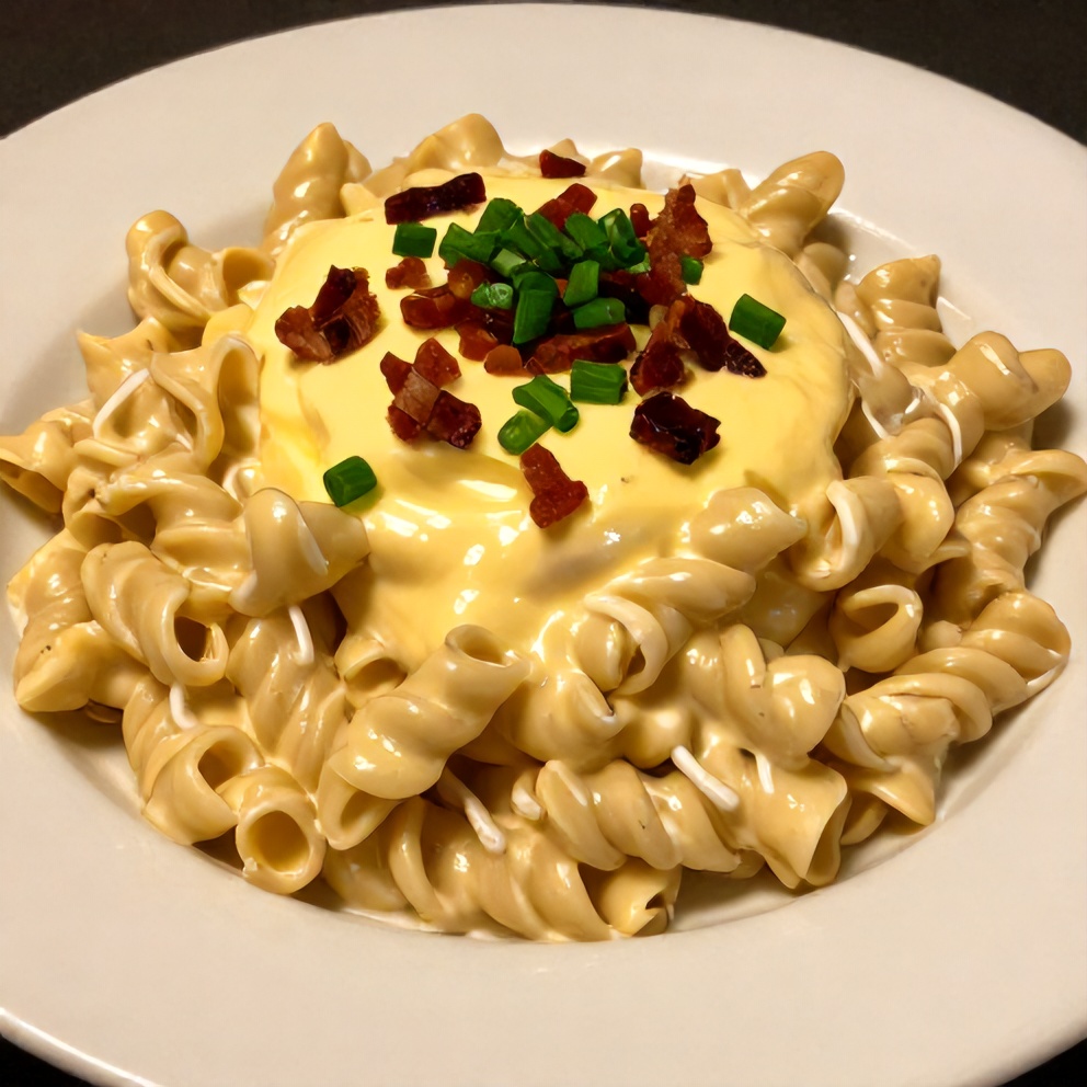 Plated serving of creamy deviled egg pasta salad