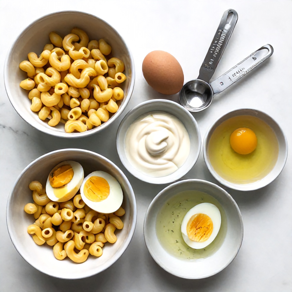 Raw ingredients for deviled egg pasta salad