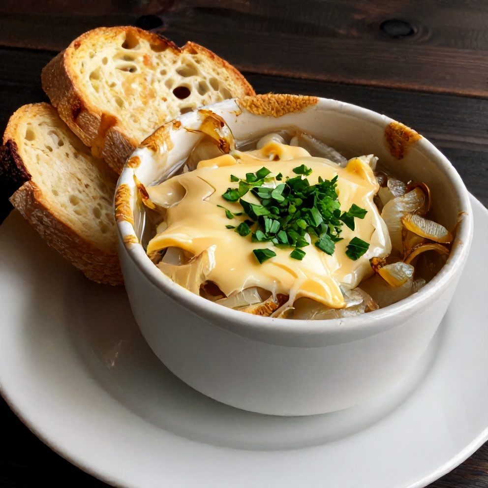 French Onion Soup in a bowl with crusty bread