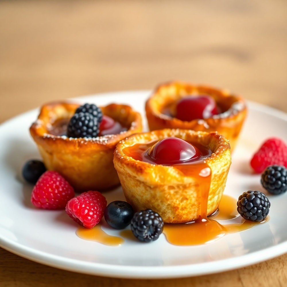 French Toast Cups plated with fresh berries and syrup