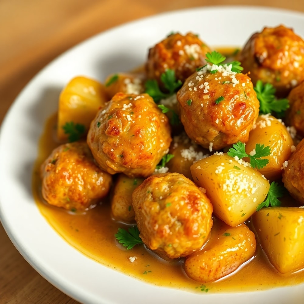 Plated Garlic Butter Meatballs and Potatoes