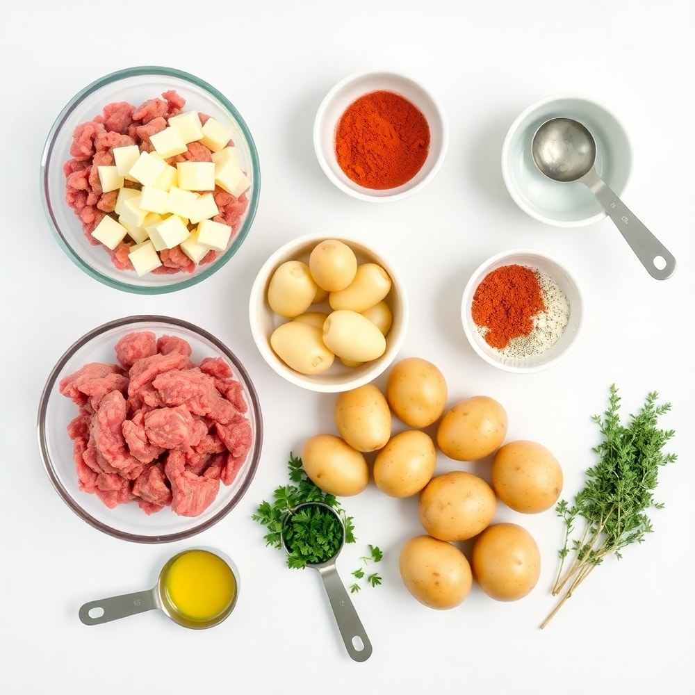 Raw ingredients for Garlic Butter Meatballs and Potatoes