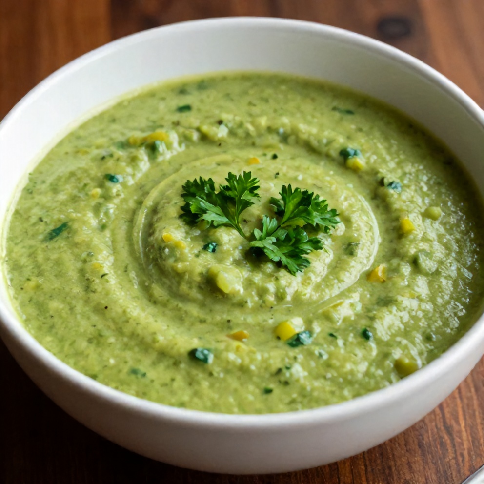 Bowl of green vegetable soup with a sprinkle of parsley