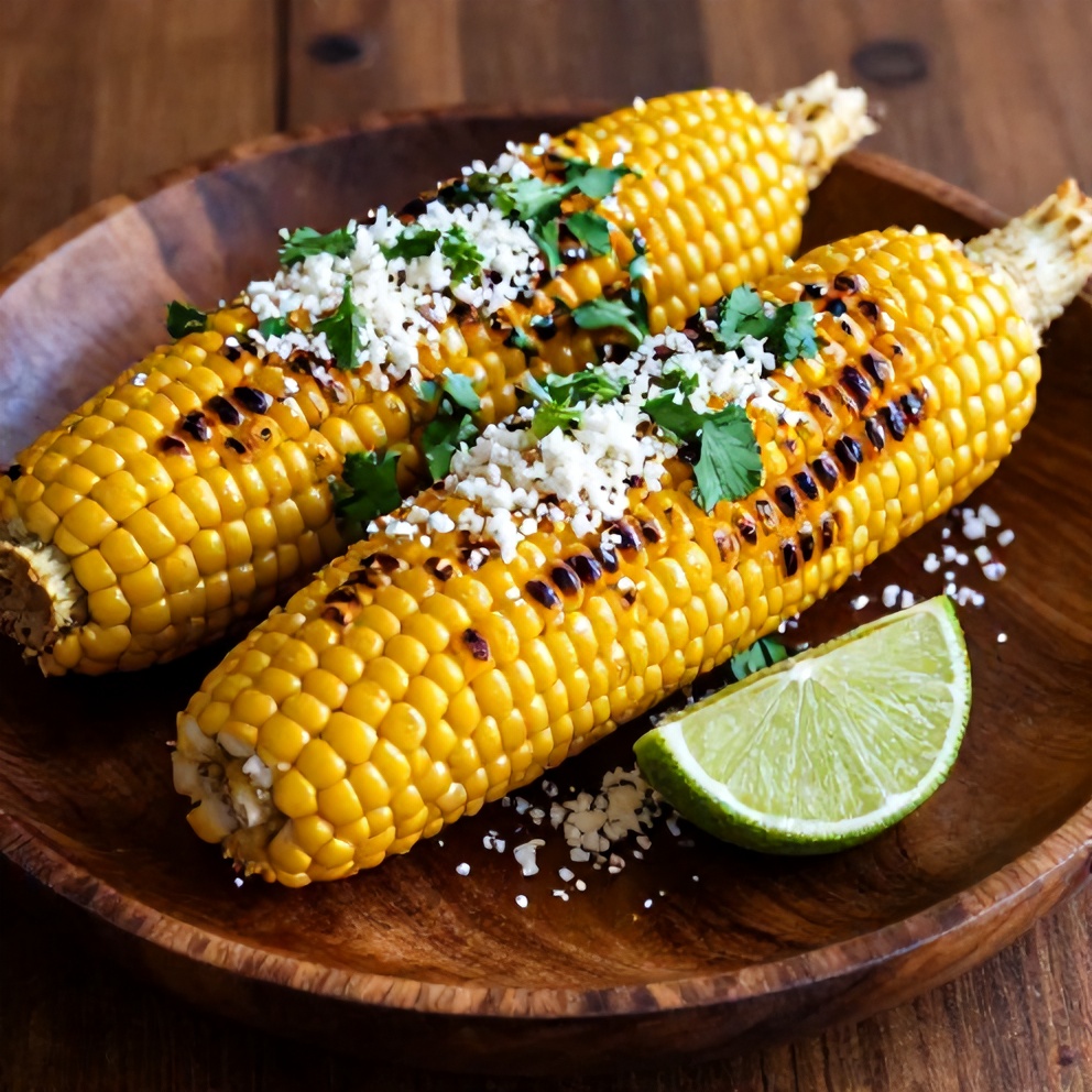 Plated Easy Grilled Mexican Street Corn with cotija cheese, cilantro, and lime wedges
