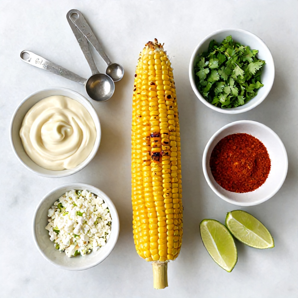 Raw ingredients for Easy Grilled Mexican Street Corn: corn on the cob, chili powder, lime, cotija cheese, cilantro, and mayonnaise