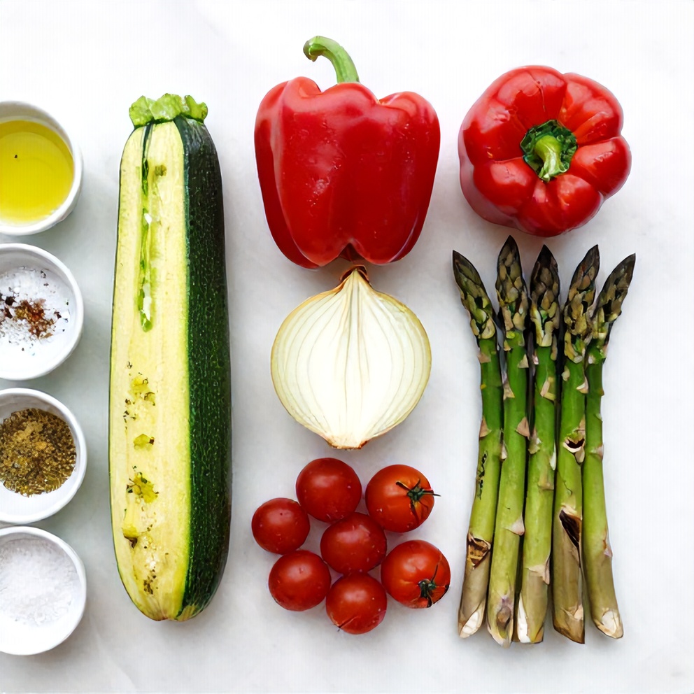 Raw vegetables for Easy Grilled Veggies on a marble surface