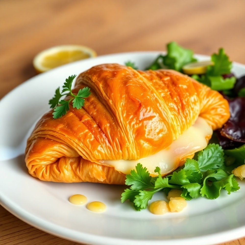 Plated ham and cheese croissant with a side of mixed greens