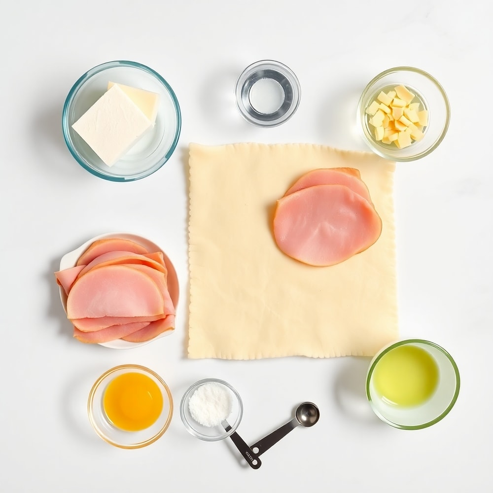 Ham, cheese, butter, flour, salt, and water arranged on a marble surface
