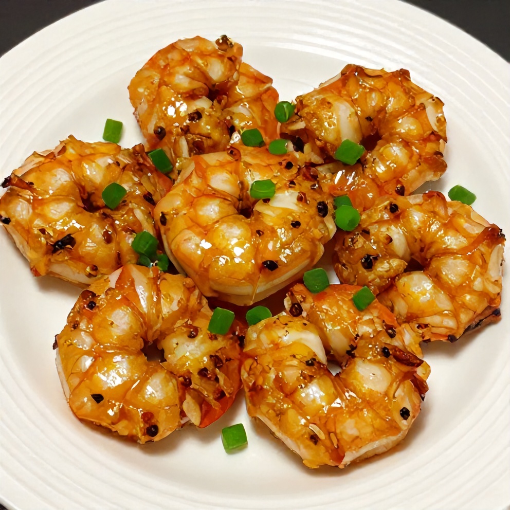 Plated Honey Garlic Shrimp with green onions