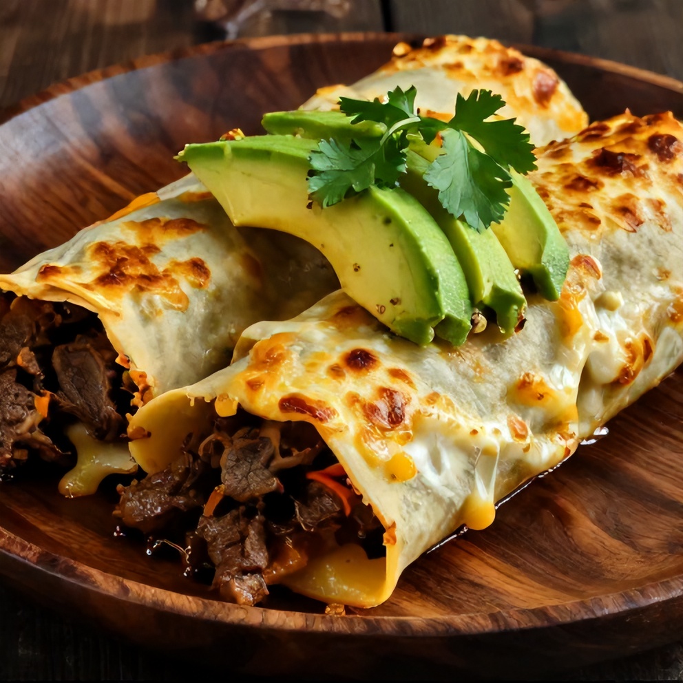 Plated serving of Easy Keto Beef Enchiladas with avocado slices and fresh cilantro garnish.