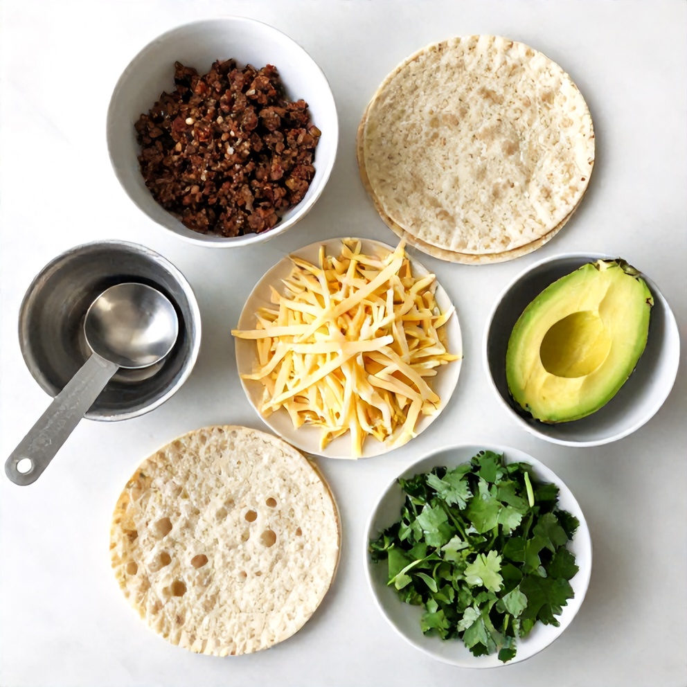 Raw ingredients for Easy Keto Beef Enchiladas including ground beef, low-carb tortillas, shredded cheese, avocado, and fresh cilantro.